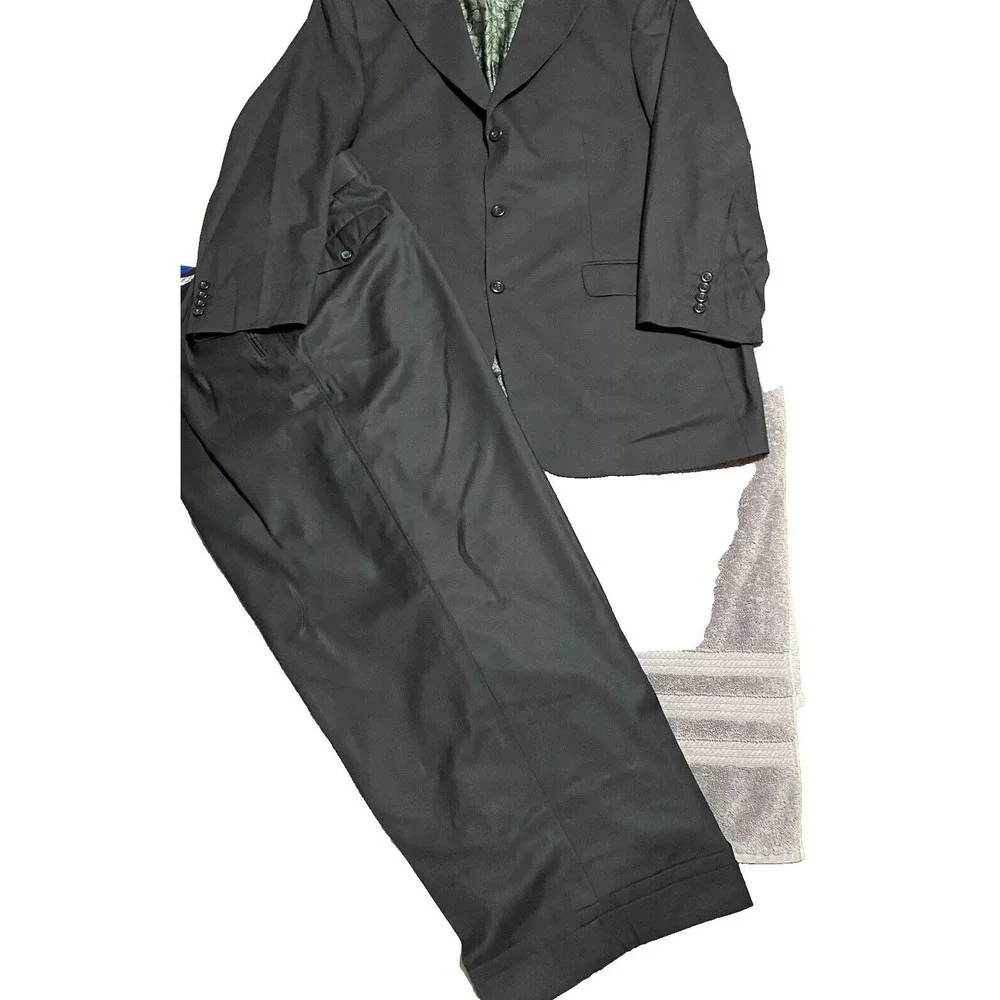Bespoke Tailored Mens Suit Jacket Pants Black 3 Button 2XL Pants 48x26 Chest 50